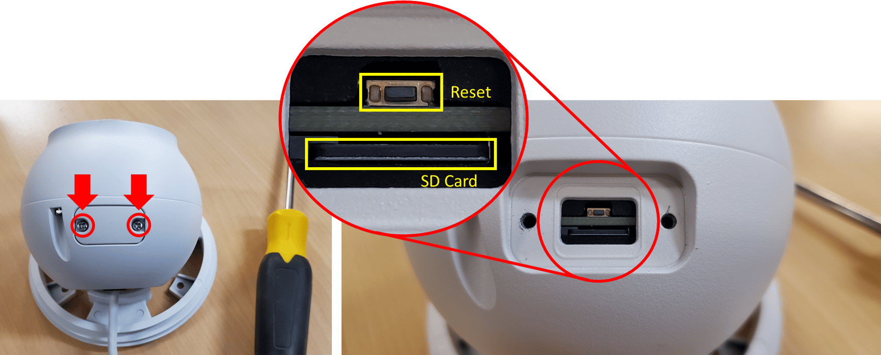 ClareVision Fixed Lens Turret Reset Button and SD Card Slot Location